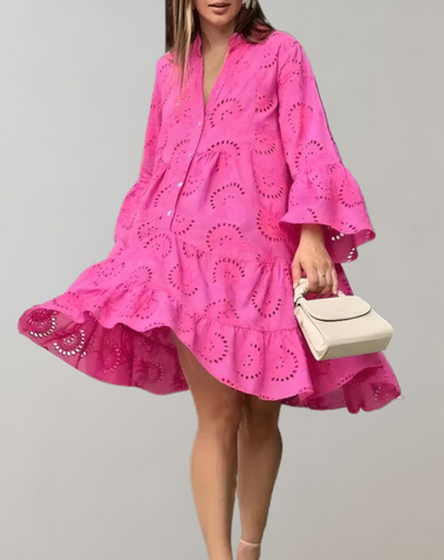 Embroidered V-Neck Dress with Bell Sleeves