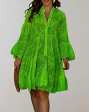 Embroidered V-Neck Dress with Bell Sleeves