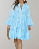Embroidered V-Neck Dress with Bell Sleeves
