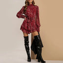 Floral Ruffle Mini Dress with Stand Collar