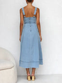 Chic Denim Midi Dress with Button Strap Design