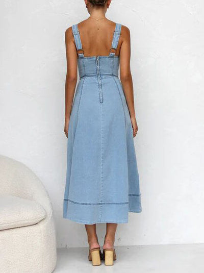 Chic Denim Midi Dress with Button Strap Design