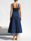 Chic Denim Midi Dress with Button Strap Design