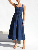 Chic Denim Midi Dress with Button Strap Design
