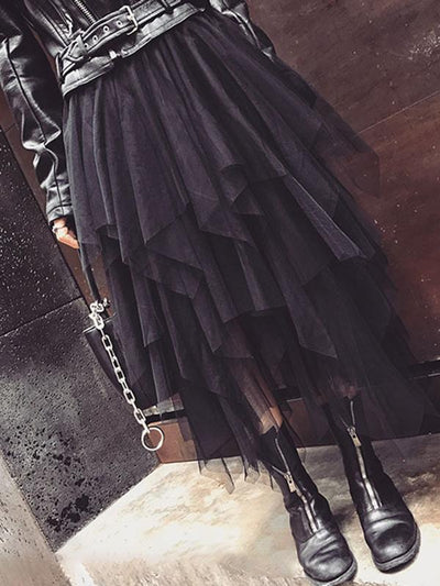 Edgy Black Tulle Midi Skirt
