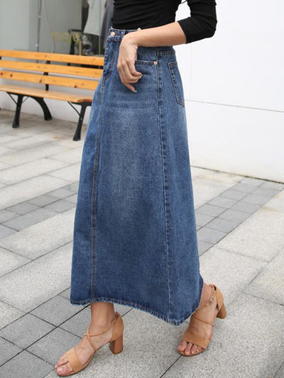 High-Waisted Blue Denim Skirt with Pockets