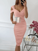 Chic Backless Midi Bodycon Dress with V-Neck and Zipper