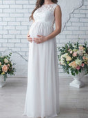 Bohemian Lace Maternity Dress with Belt - Sleeveless Round Neck Style for Expecting Mothers
