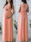 Bohemian Lace Maternity Dress with Belt - Sleeveless Round Neck Style for Expecting Mothers
