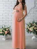 Bohemian Lace Maternity Dress with Belt - Sleeveless Round Neck Style for Expecting Mothers