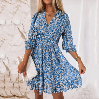 Chic Elastic Waist V-Neck Mini Dress