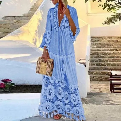 Chic Bohemian Lace & Fringe Maxi Dress