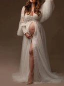 Maxi Maternity Chaps Dress with Side Slit in White