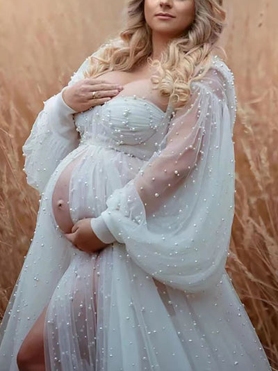 Maxi Maternity Chaps Dress with Side Slit in White