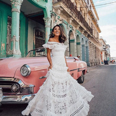 Ruffled Lace Off-Shoulder Maxi Dress