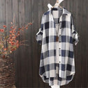 Chic Oversized Checkered Blouse for Women with Long Roll-Up Sleeves
