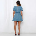 Stylish Women's Denim Dress with Puff Sleeves and Waist Belt