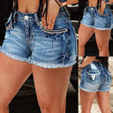Embroidered Women's Denim Shorts with Frayed Hem