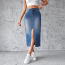 High Cut Slit Denim Skirt with Frayed Hem for Women