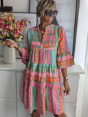Boho Chic Women's Dress with Woven Patterns and Short Sleeves