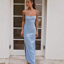 Chic Satin Maxi Dress with Off-Shoulder Straps and Side Slit