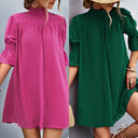Chic Short-Sleeve Dress with Stand Collar and Flowing Sleeves