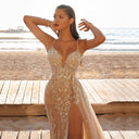 Glamorous Deep V-Neck Evening Dress with Embellishments