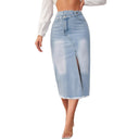 Chic Women's Denim Midi Skirt with High Slit & Frayed Hem
