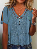 Floral Embroidered Women's Short Sleeve Blouse with Button Accents