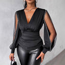 Chic Women’s Top with Sheer Puff Sleeves and Pearl Accents
