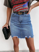 Trendy High-Waist Denim Skirt with Frayed Hems