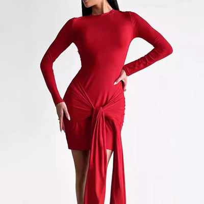 Chic Women's Long Sleeve Wrap Dress with Unique Asymmetrical Hem