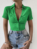 Textured V-Neck Women's Short Sleeve Blouse
