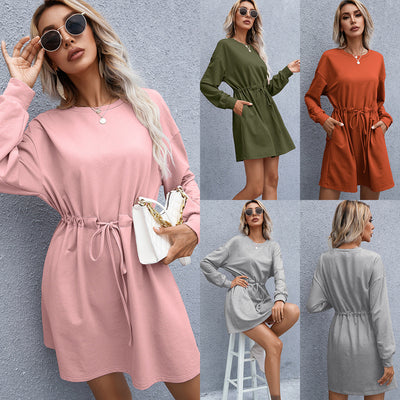 Women's Stylish Sweatshirt Dress with Waist Tie & Pockets