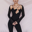 Chic Long-Sleeve Bodysuit with Deep Neckline & Strap Details