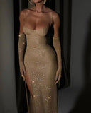 Stylish Sequin Evening Dress with Deep Slit & Dazzling Accents