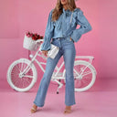 Chic Denim Blouse with Ruffled Accents and Knotted Neckline