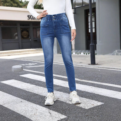 High-Waist Women's Jeans with Elastic Waist and Handy Pockets