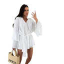 Airy Beach Blouse with Balloon Sleeves & Waist Belt