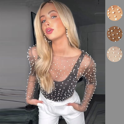 Chic Pearl-Embellished Sheer Sleeve Top