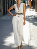 Chic Women's Maxi Dress with Deep V-Neck & Buttons