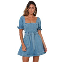 Stylish Women's Denim Dress with Puff Sleeves and Waist Belt