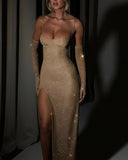 Stylish Sequin Evening Dress with Deep Slit & Dazzling Accents