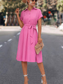 Chic Knee-Length Shirt Dress with Waist Belt and V-Neck Design