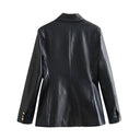Women's Faux Leather Blazer Jacket with Chic Double-Breasted Design