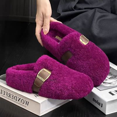 Chic Women's Fluffy Slippers with Stylish Buckle Accent