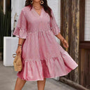 Women's V-Neck Striped Dress with Ruffle Sleeves