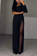Chic Women's Jumpsuit with Sheer Inserts and Sequin Detail