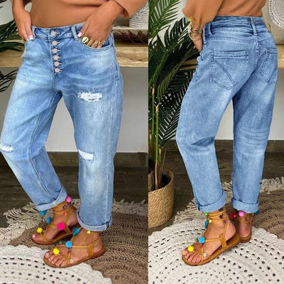 Trendy Women's Denim Pleated Trousers with Button Details
