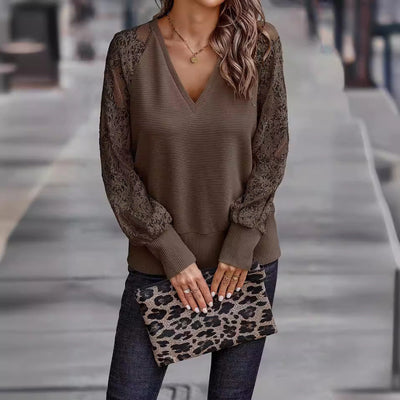 Chic V-Neck Blouse with Lace Sleeves